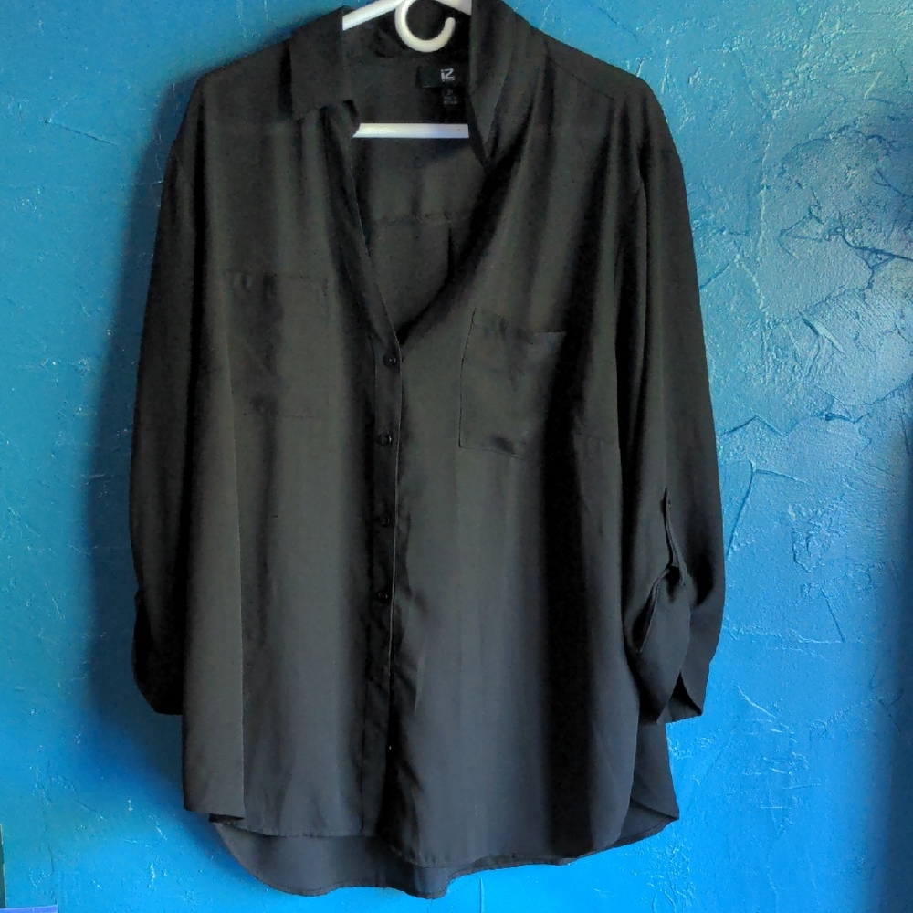 Black Button-Up Semi-Sheer Blouse 2XL